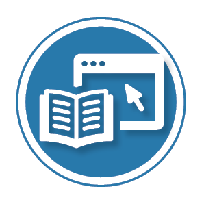 Learn the risks icon Icon of book and screen on blue background to illustrate Learn the risks of lead paint