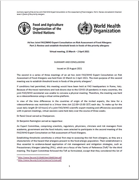 Ad hoc Joint FAO/WHO Expert Consultation on Risk Assessment of Food Allergens Part 2: Review and establish exemptions for the food allergens