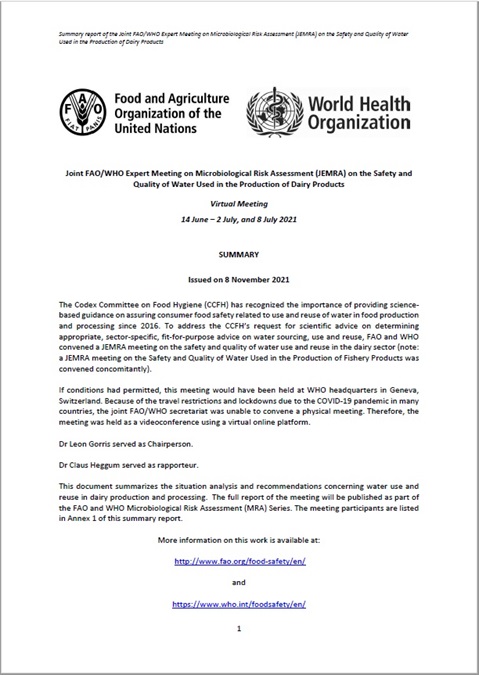 Joint FAO/WHO Expert Meeting on Microbiological Risk Assessment on the Safety and Quality of Water Used in the Production of Dairy Products