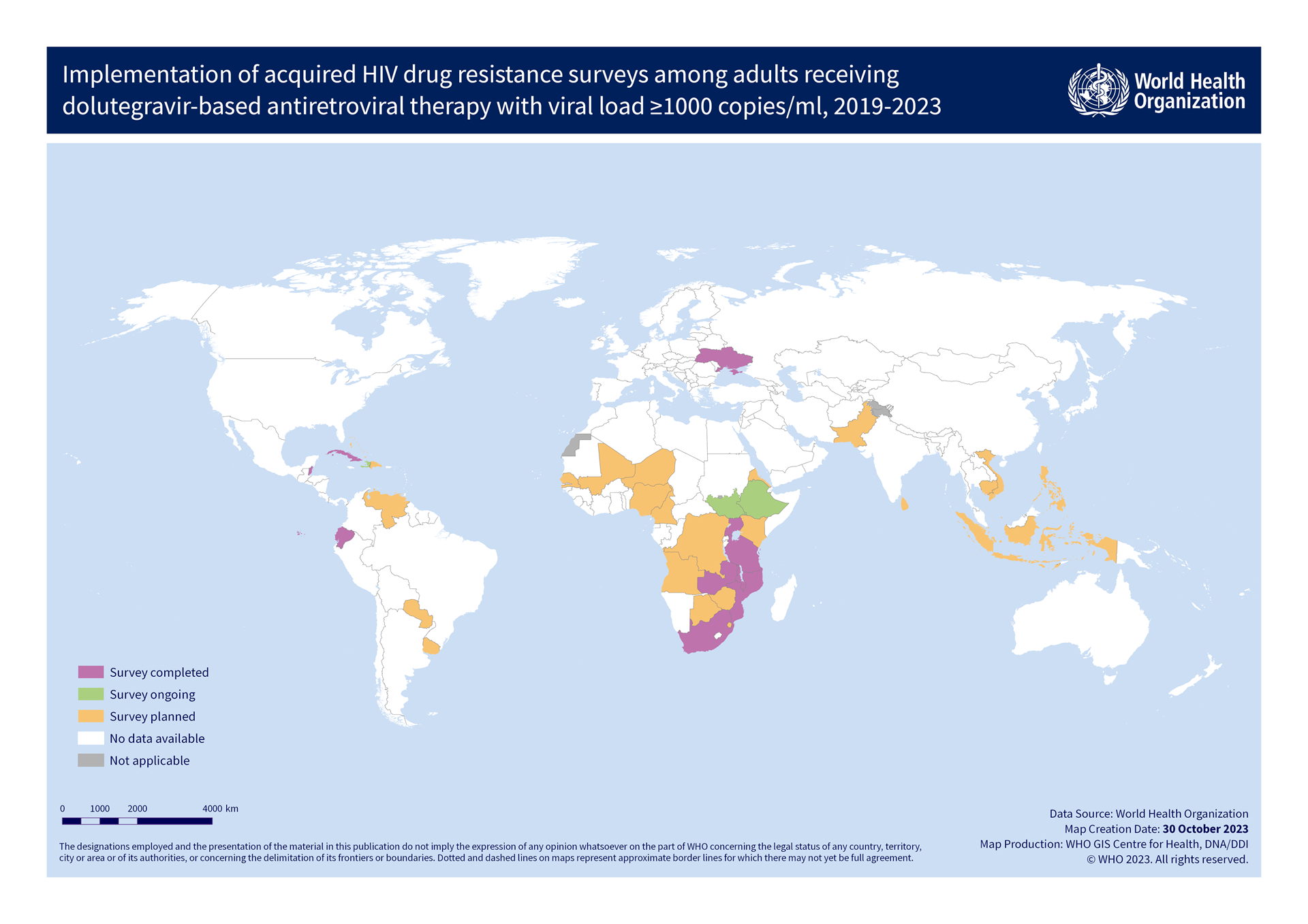 Map 1_HIVDR2021_surveys_v4 Implementation of acquired HIV drug resistance surveys among adults 2019-2023