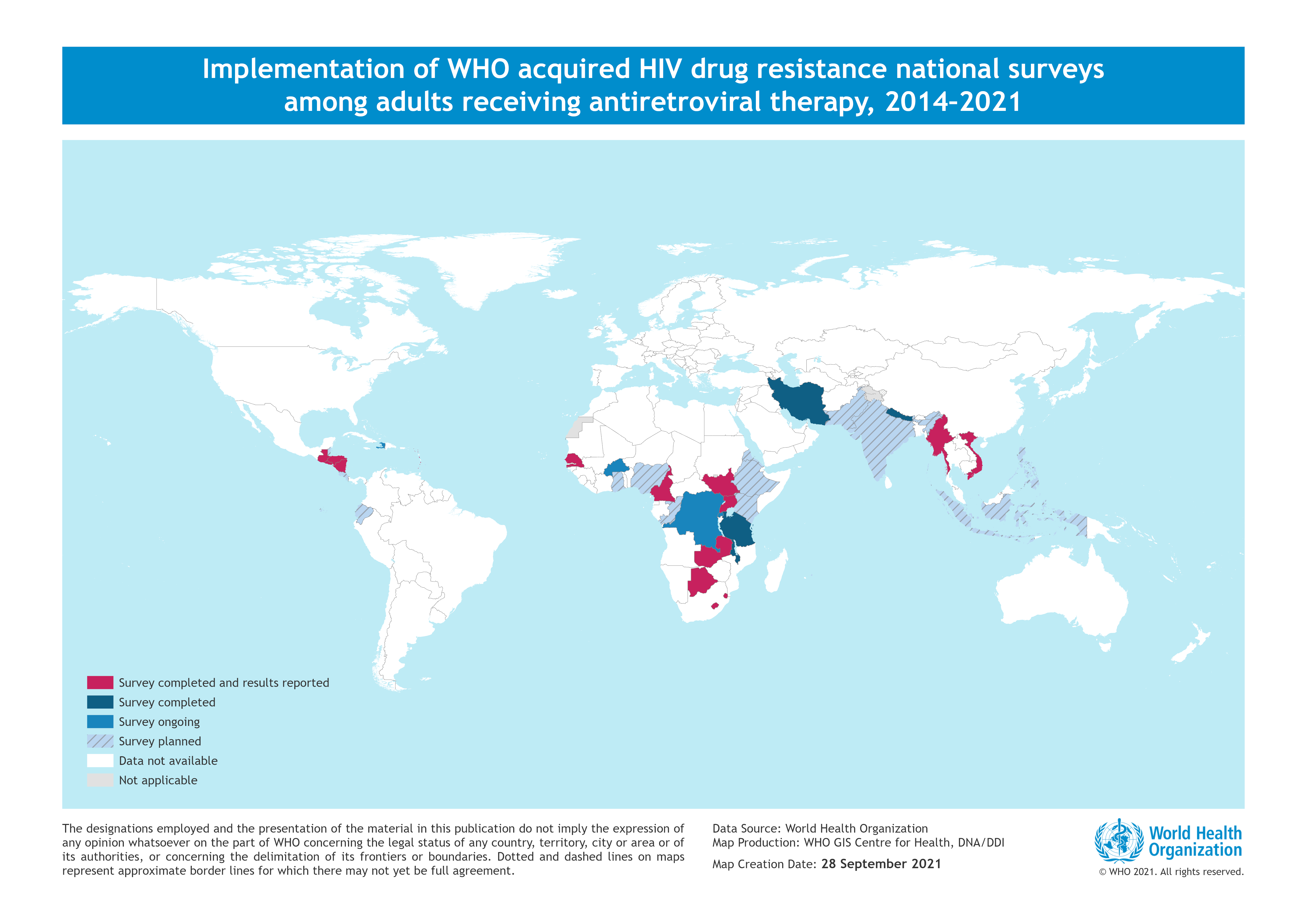 Map 4_HIVDR2021_ADR_v2 Map of countries implementing WHO acquired HIV drug resistance national surveys among adults receiving antiretroviral therapy, 2014–2021