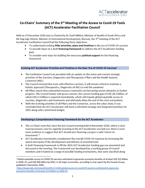 Summary of the Co-Chairs of the 3rd ACT Accelerator Facilitation Council