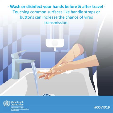 Wash or disinfect hands before and after travel Infographic of text