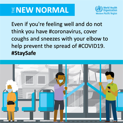 Cover your coughs and sneezes with your flexed elbow to help prevent spread of virus Infographic of text