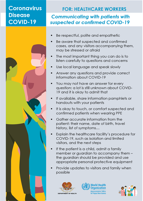Communicating with patients with suspected or confirmed COVID-19 Infographic visualising the recommended advice.