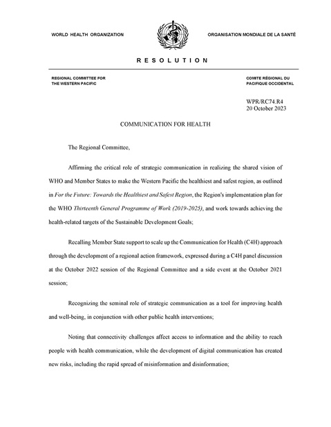 WPR/RC74.R4 Communication for Health